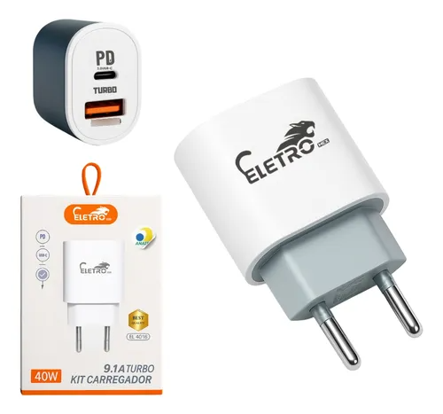Carregador Turbo 50W Eletro USB-C + Lightning – Rápido e Eficiente Branco