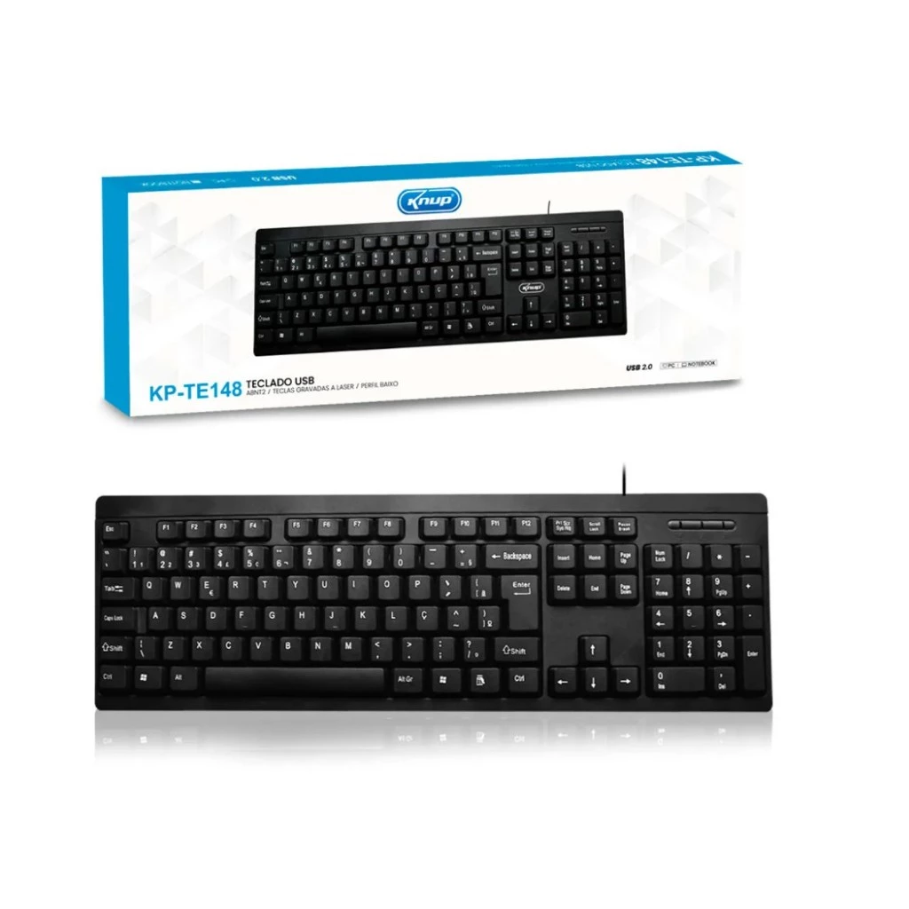 Teclado USB 2.0 com Fio Knup KP-TE148 ABNT2 7 Teclas Multimídia para PC e Notebook
