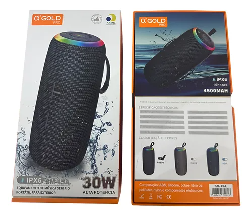 Caixa de Som Portátil A’Gold Pro Bluetooth 30W SM-15A IPX6 – Resistente à Água e com Bateria Recarregável