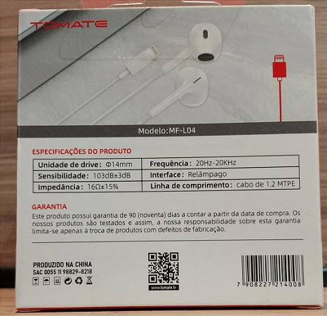 Fone de Ouvido Tomate MF-L04 com Entrada Lightning para iPhone – Cabo 1.2m
