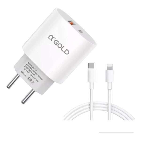 Carregador Turbo A Gold 40W 9.1A com Cabo iOS – Kit Carregador Rápido