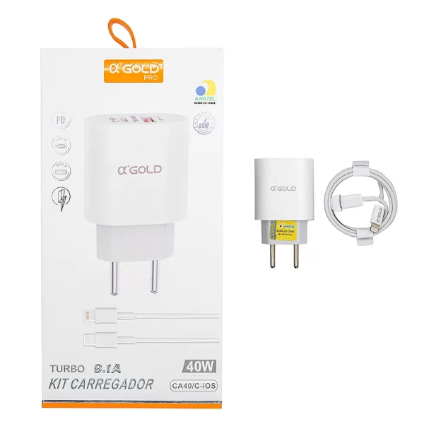 Carregador Turbo A Gold 40W 9.1A com Cabo iOS – Kit Carregador Rápido