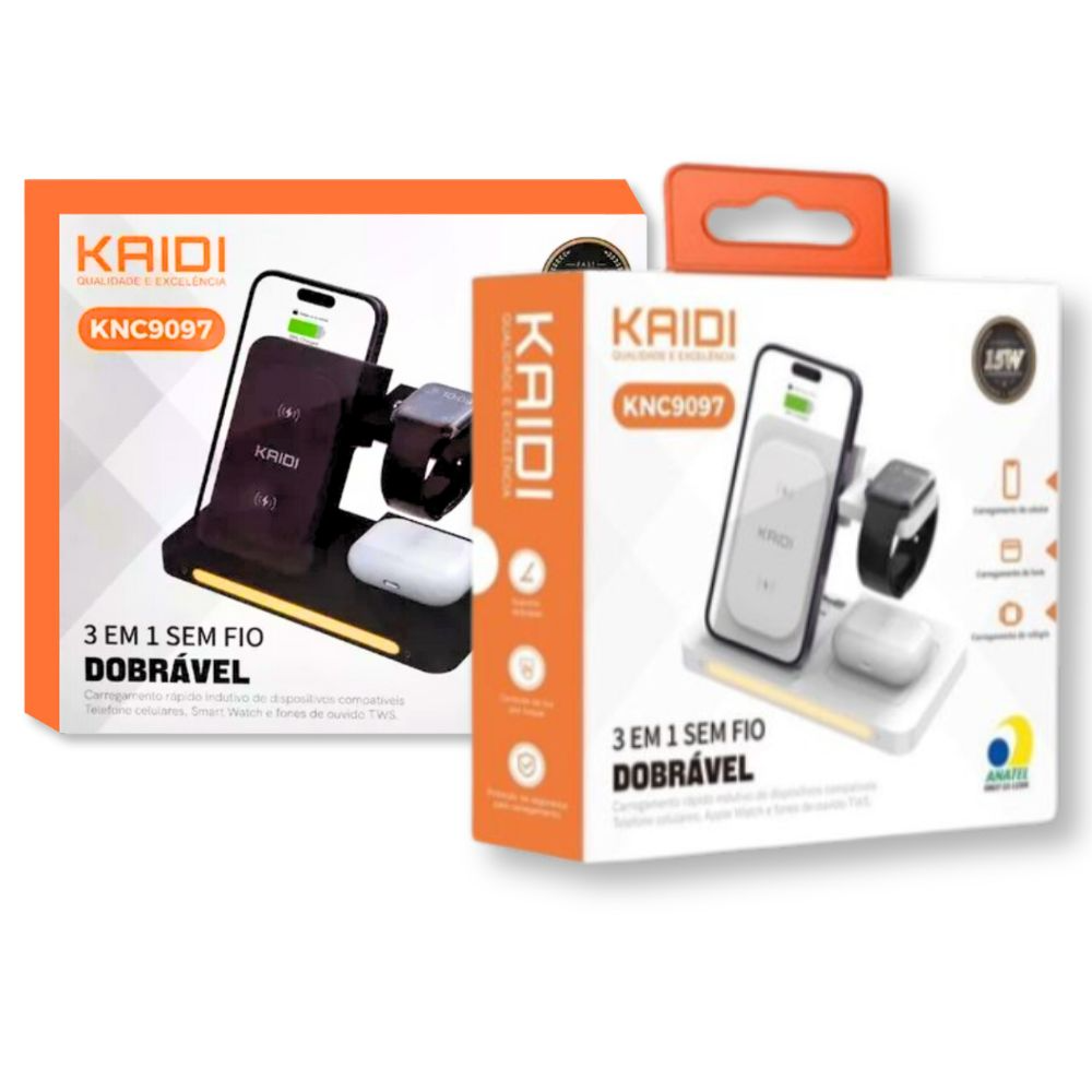 Carregador Sem Fio 3 em 1 Kaidi KNC9097 Dobrável para iPhone, Apple Watch e AirPods