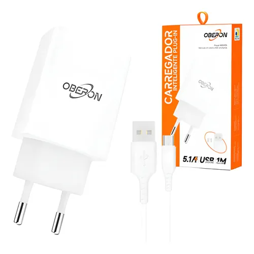 Carregador Turbo Oberon 5.1A com 2 Portas USB e Cabo V8 – Carregamento Rápido